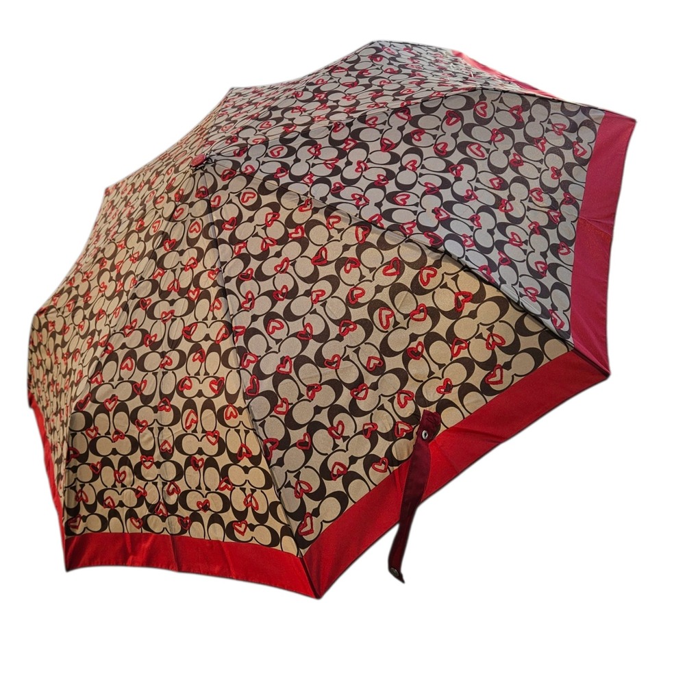 Coach Signature Heart Motif Compact Umbrella Khaki Red Retractable NWT